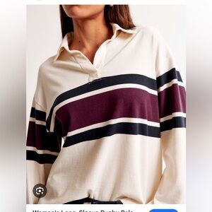 Abercrombie long-sleeve rugby polo top in cream stripe